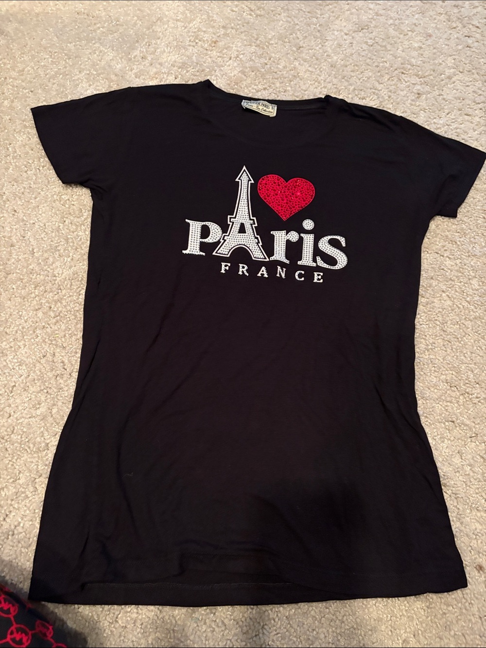 Black Paris France Tee with Red Heart rhinestone Graphic